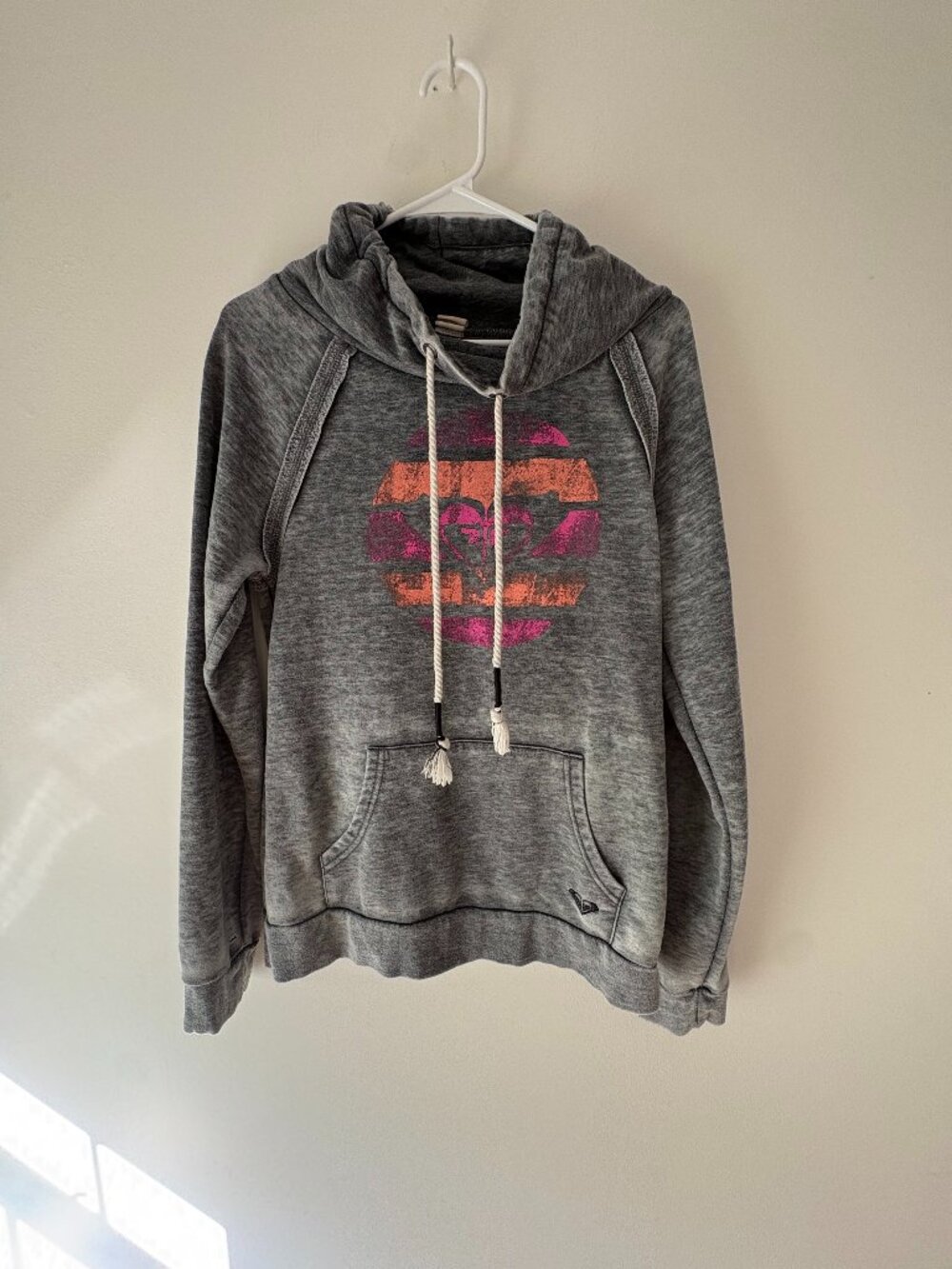 Roxy Grey Acid Wash Distressed Logo Hoodie